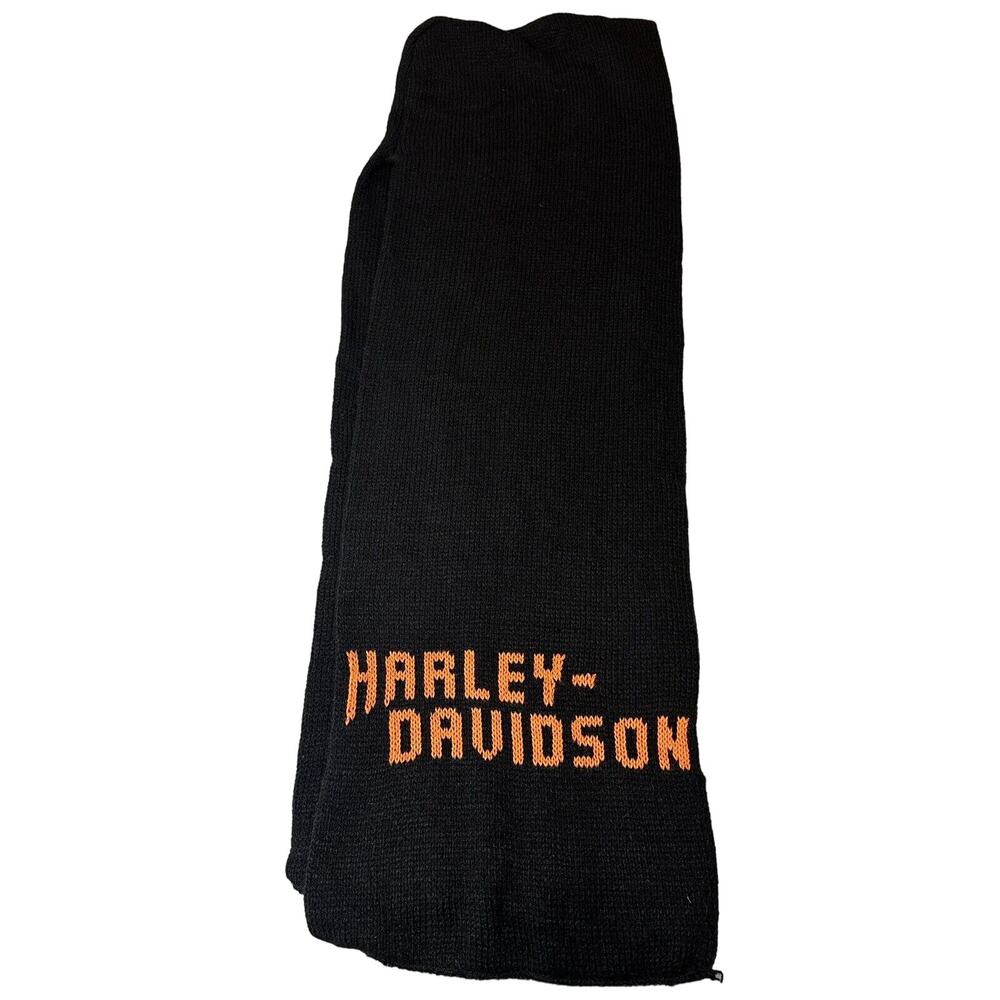 Vintage Harley Davidson Knitted Hooded Scarf Black With Orange Lettering USA